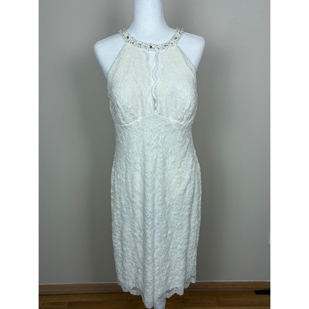 DB Studio Ivory Lace Halter Sheath Dress Rhinestone Neckline Wedding Size 14